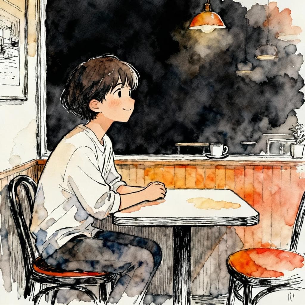 A person sitting alone at a small table in a cozy cafe, looking thoughtfully and with a gentle, hopeful smile across the room. Ink and watercolor style, clean lines, soft vibrant colors against a dark background.