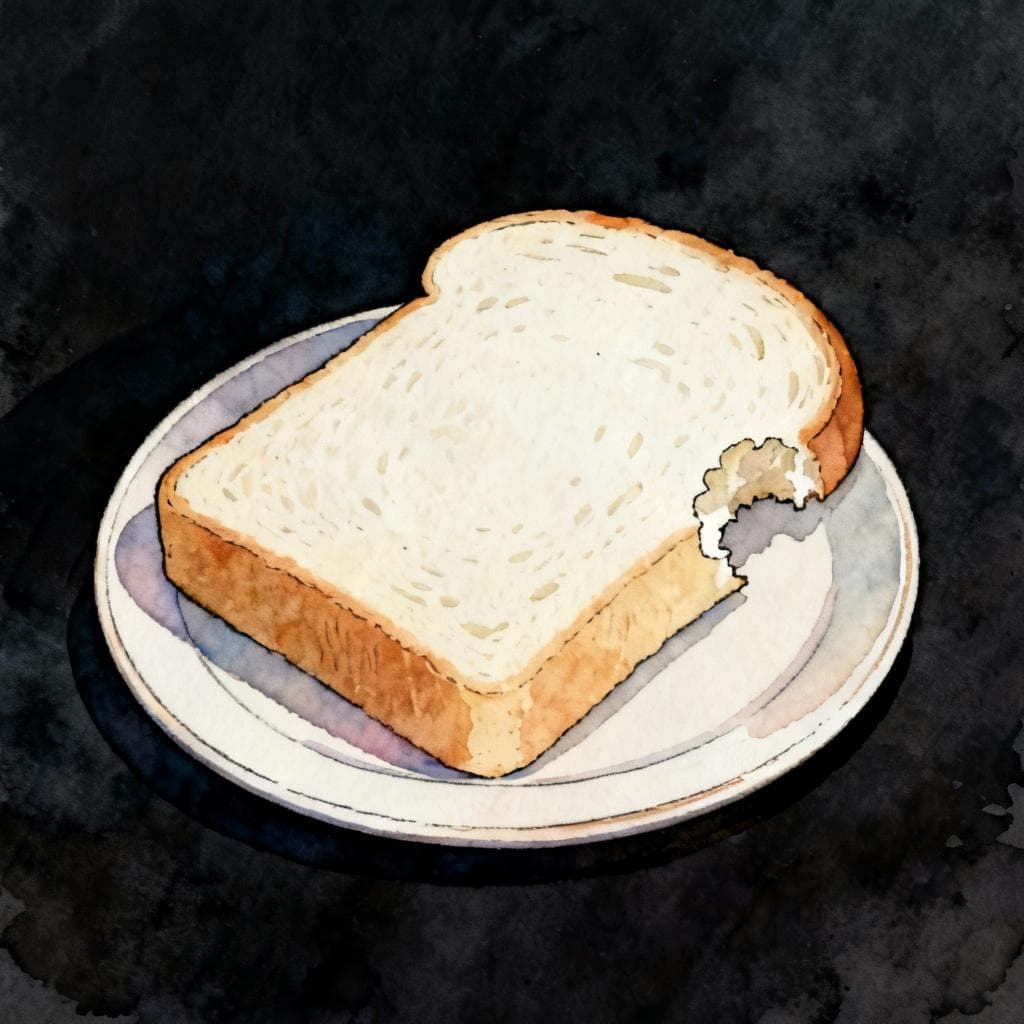 Charming ink and watercolor painting, clean lines, vibrant but soft color palette, storybook style, dark background. A single slice of simple, white bread (pan) resting on a small, clean plate. The bread has a small bite taken out of it, symbolizing 'eaten bread' (pan comido). The scene is peaceful and effortless.