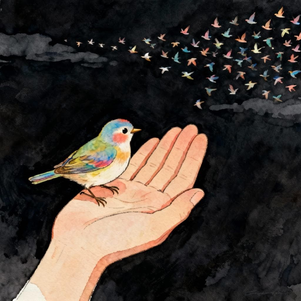 Charming ink and watercolor painting, clean lines, vibrant but soft color palette, storybook style, dark background. A single small, colorful bird is perched securely on a person's open palm. In the distance, a large flock of tiny, indistinct birds flies away into the sky.
