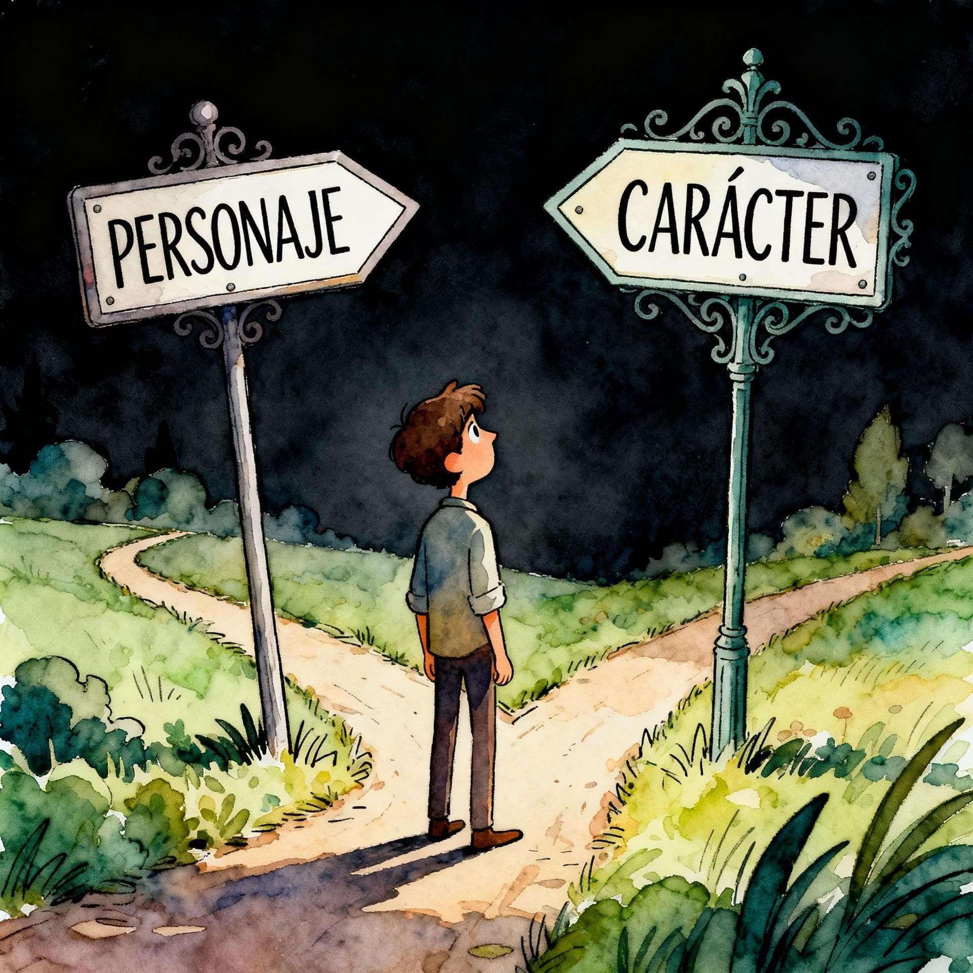 Charming ink and watercolor painting, clean lines, vibrant but soft color palette, storybook style, dark background. A person stands at a fork in a path, looking confusedly at two distinct, ornate signposts. The left signpost has the word 'PERSONAJE' clearly written on it. The right signpost has the word 'CARÁCTER' clearly written on it.