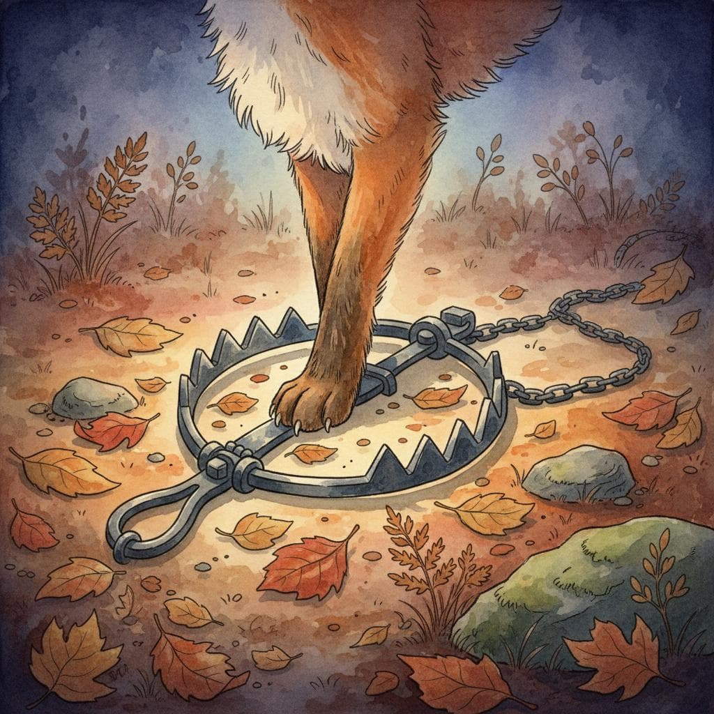 A simple, non-graphic illustration of a fox's paw caught in a hunter's old-fashioned metal trap on the forest floor, with autumn leaves scattered around. The fox is not visible. Charming ink and watercolor painting, storybook style with soft, glowing colors against a dark background.