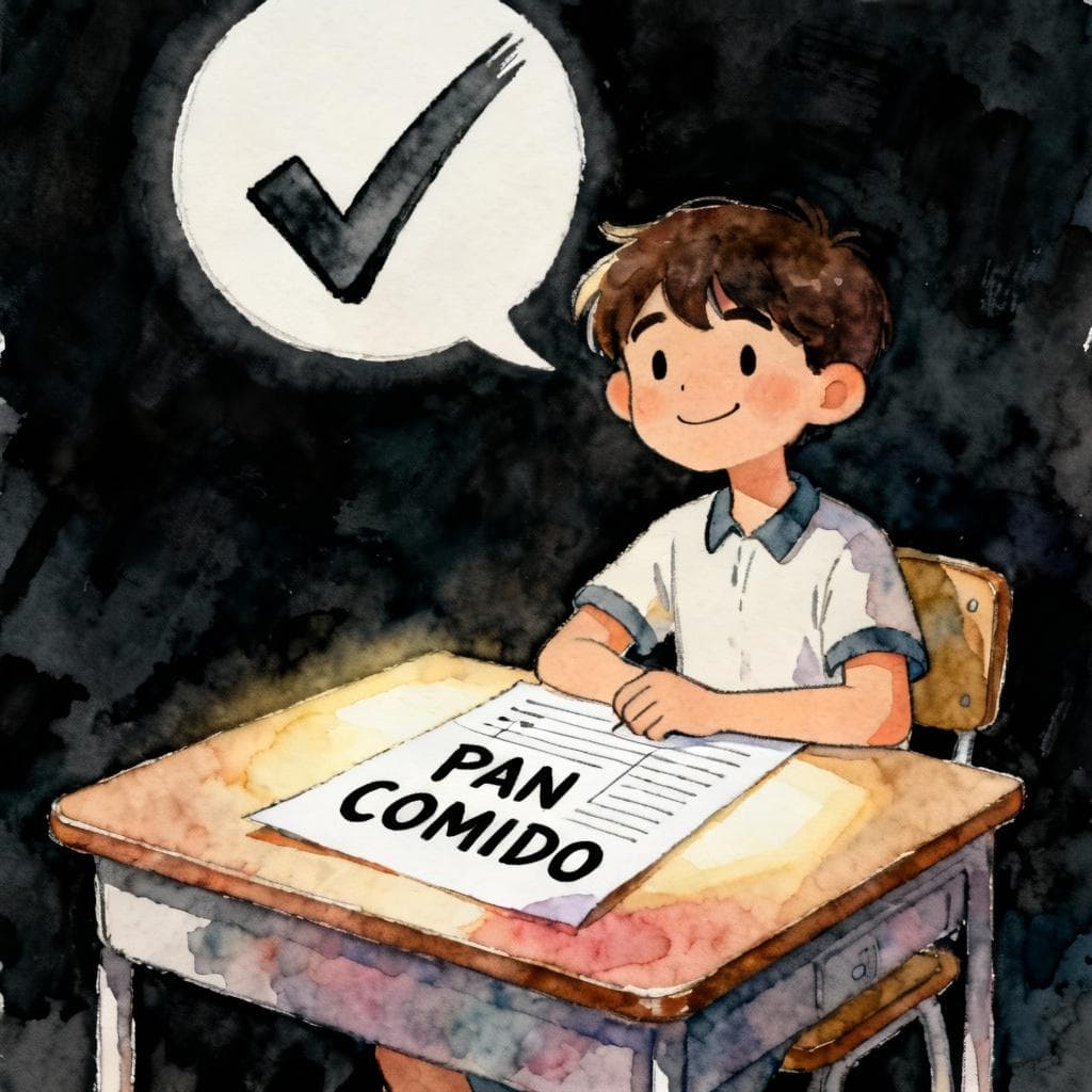 Charming ink and watercolor painting, clean lines, vibrant but soft color palette, storybook style, dark background. A student is sitting at a desk, smiling confidently, having just finished a test. A large, stylized checkmark is floating above their head, and the words 'PAN COMIDO' are written clearly on the completed test paper.