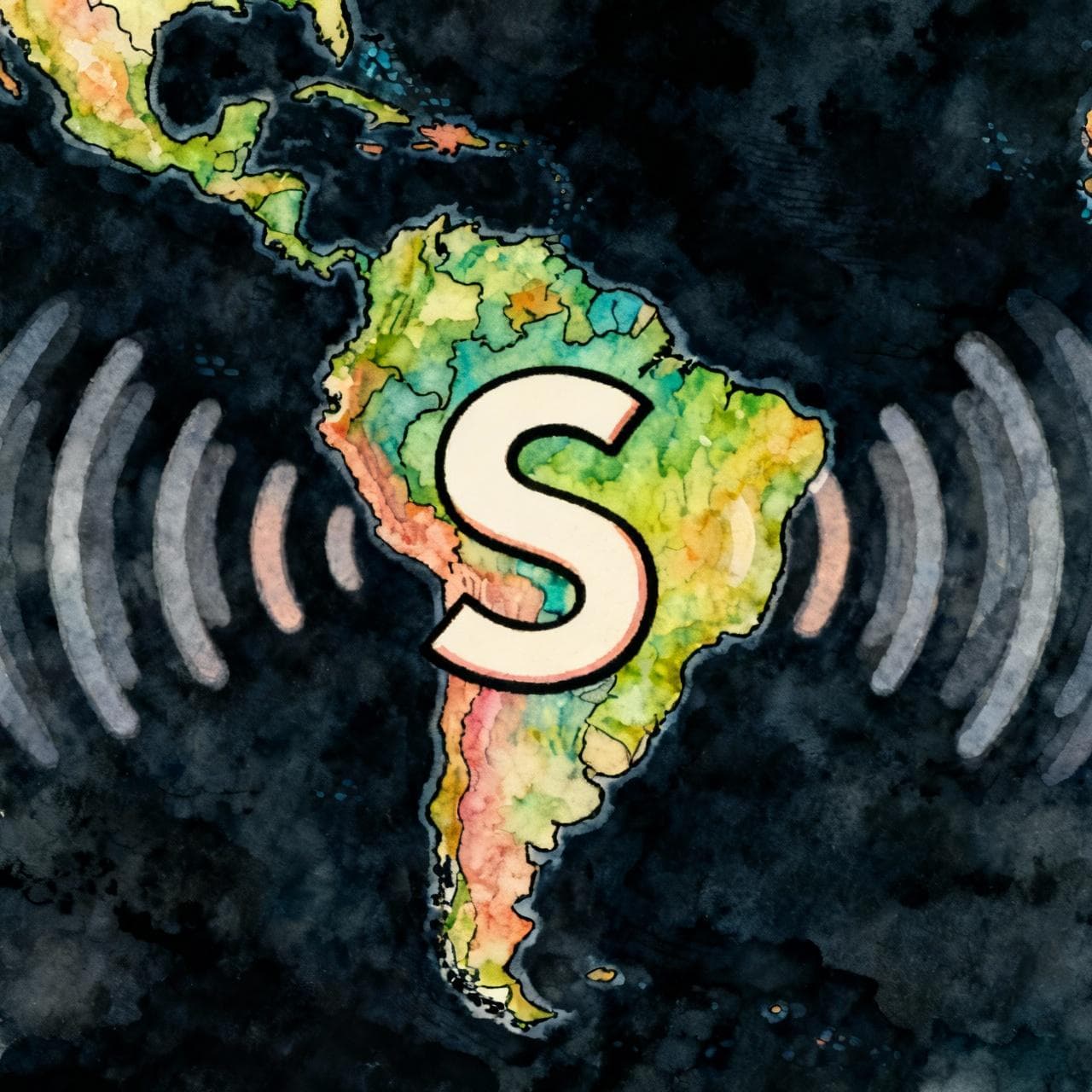 A stylized map focusing on Latin America. A large letter 'S' is superimposed over the continent, with soft sound waves radiating outwards. Charming ink and watercolor storybook style, vibrant color palette, dark background.