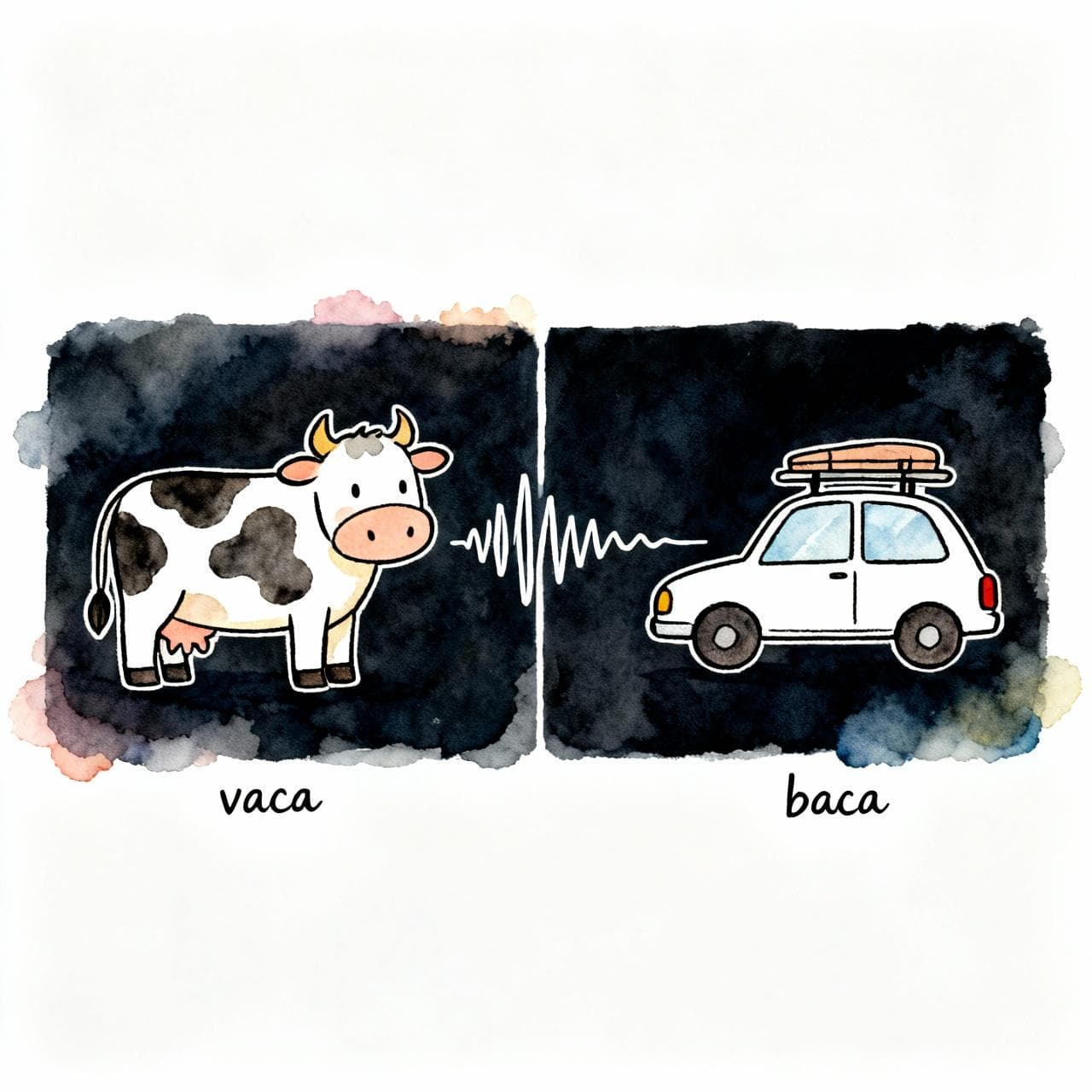 A whimsical split-screen illustration. On the left, a friendly cartoon cow ('vaca'). On the right, a simple car with a roof rack ('baca'). A single, elegant sound wave connects the two images. Charming ink and watercolor painting, clean lines, vibrant but soft color palette, storybook style, dark background.