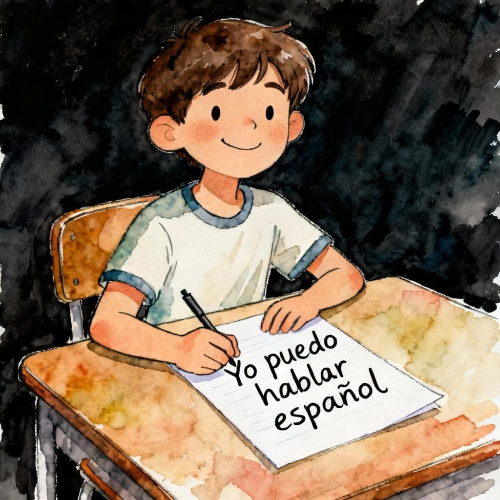 Charming ink and watercolor painting, clean lines, vibrant but soft color palette, storybook style, dark background. A student is sitting at a desk, smiling confidently, having just finished writing a complex Spanish sentence on a piece of paper. The sentence written on the paper is 'Yo puedo hablar español'.