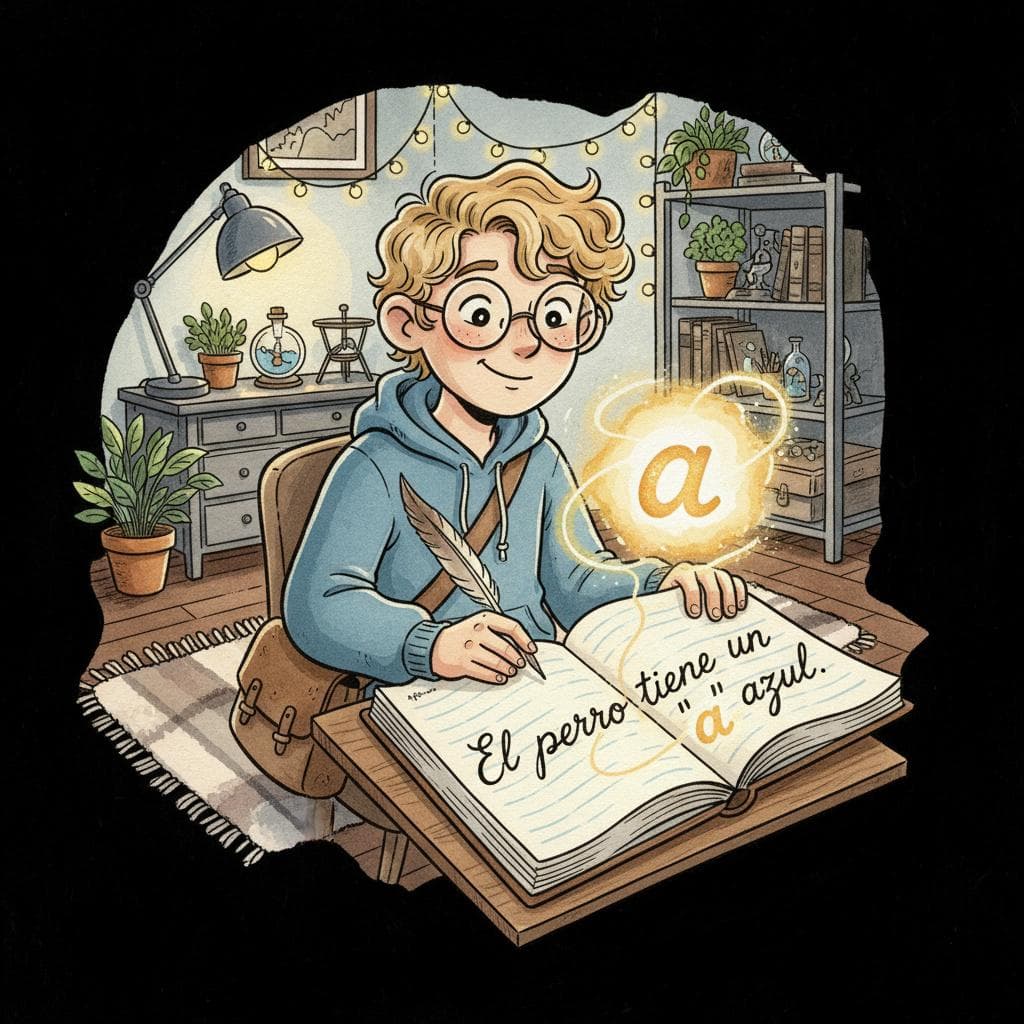 Charming ink and watercolor painting, clean lines, vibrant but soft color palette, storybook style: A friendly, diverse-looking student (perhaps with light-colored hair and glasses) looking slightly puzzled at a floating, glowing letter 'a' nestled within a Spanish sentence displayed on a notebook. The background is a cozy, modern study space with books and a warm light. black background.