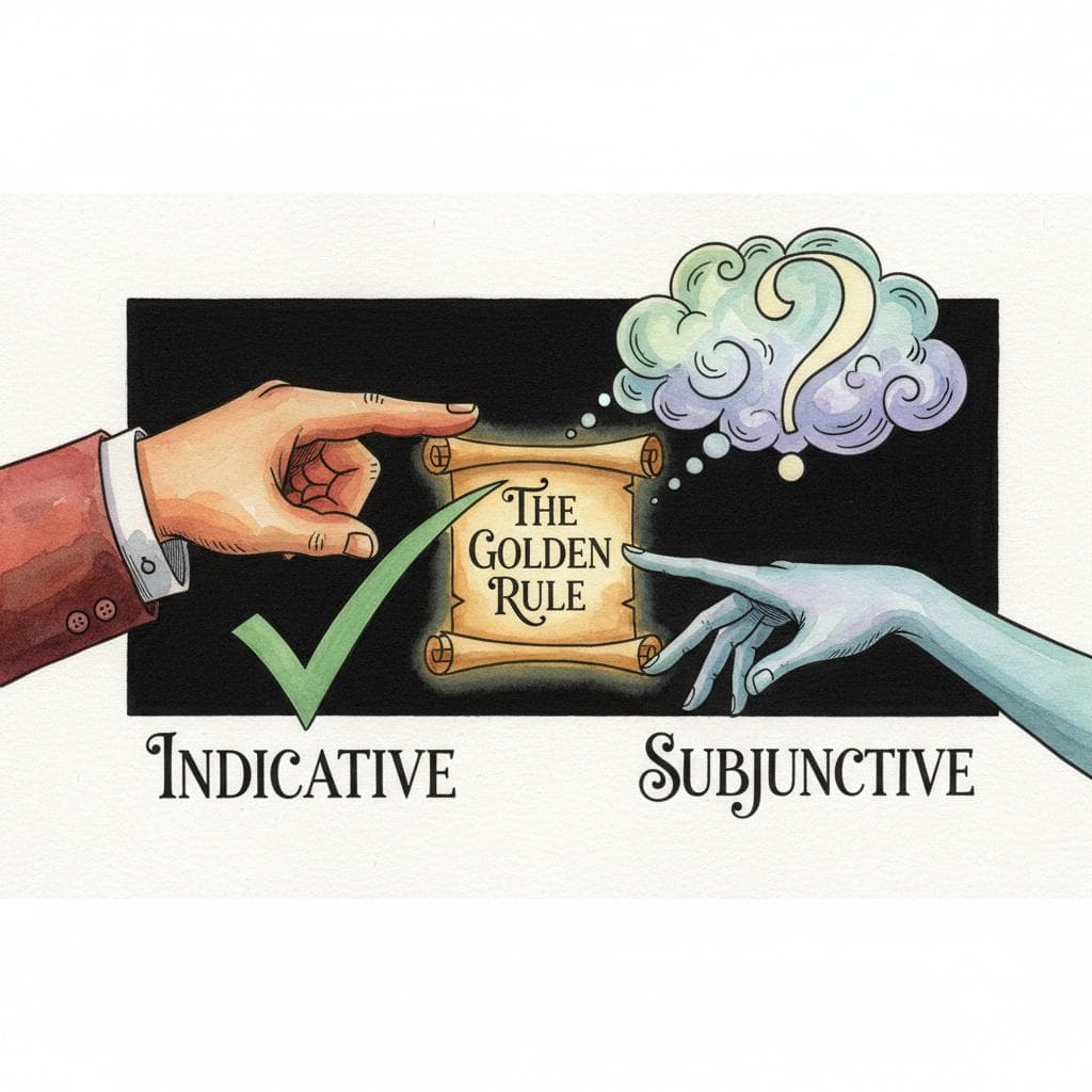 Charming ink and watercolor painting, clean lines, vibrant but soft color palette, storybook style. Two contrasting hands, one showing a clear, completed action with a checkmark and the word "Indicative" written below, the other showing a question mark and a cloud of thought with the word "Subjunctive" below, representing future or hypothetical. A golden rule book or an open scroll with "The Golden Rule" is subtly in the background. black background.