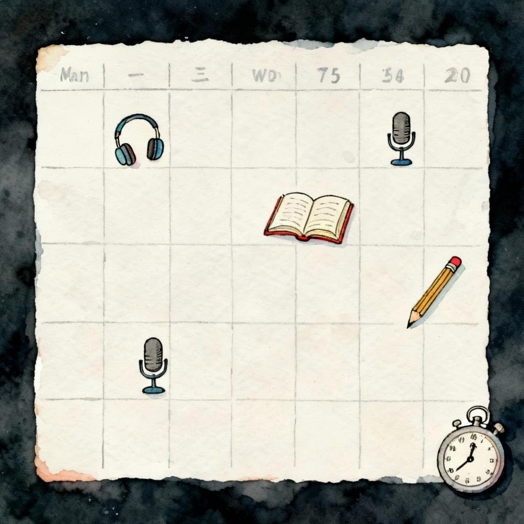 Charming ink and watercolor, clean lines, vibrant but soft colors, storybook style, dark background. A minimal weekly planner grid with four tiny icons—headphones, open book, microphone, pencil—distributed across days; a small stopwatch tucked in a corner. Minimal elements, no text.