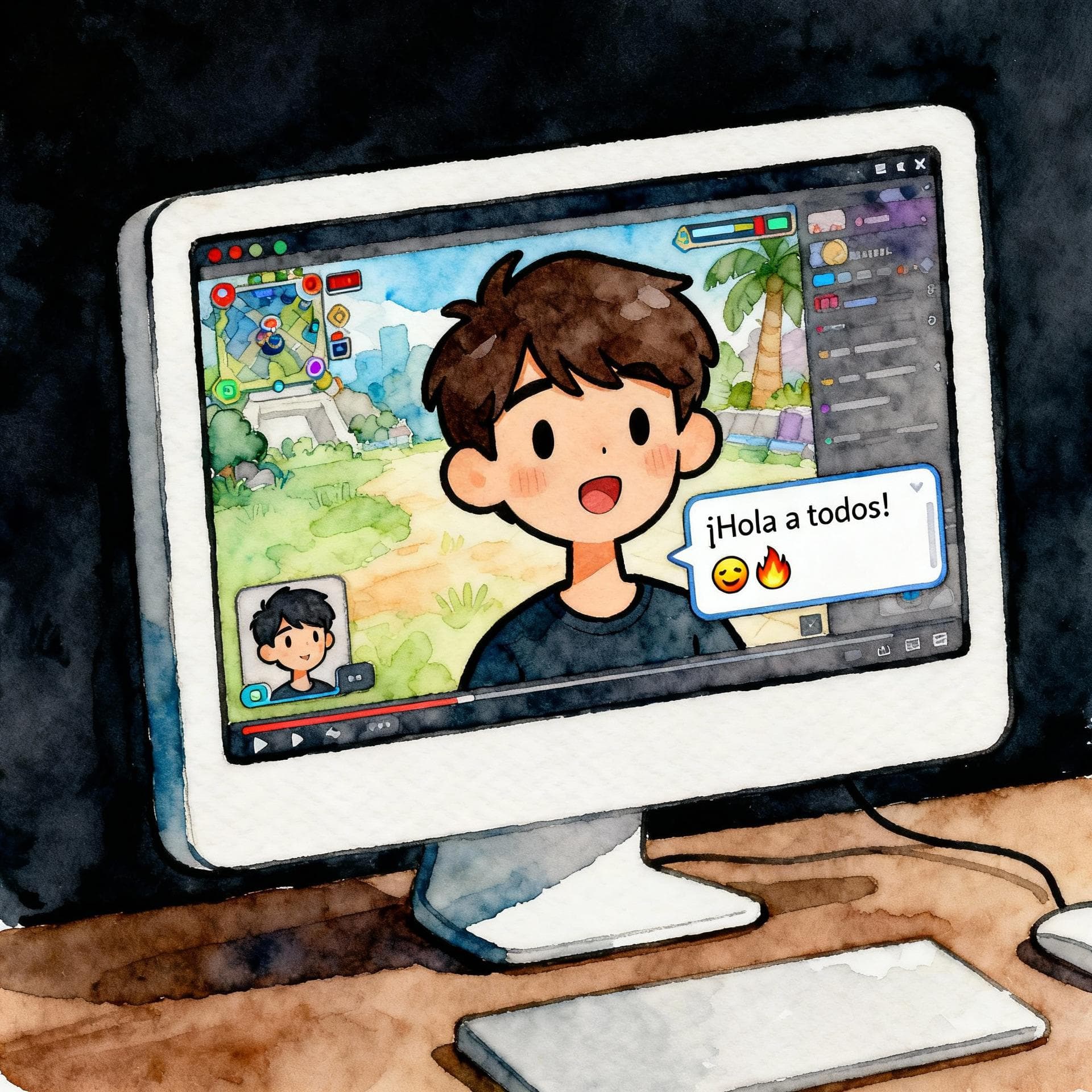 Charming ink and watercolor painting, clean lines, vibrant but soft color palette, storybook style, dark background. A stylized, modern computer monitor displaying a video game stream. The screen shows a cartoon avatar of a person speaking, and a small, active chat window filled with Spanish text and emojis.