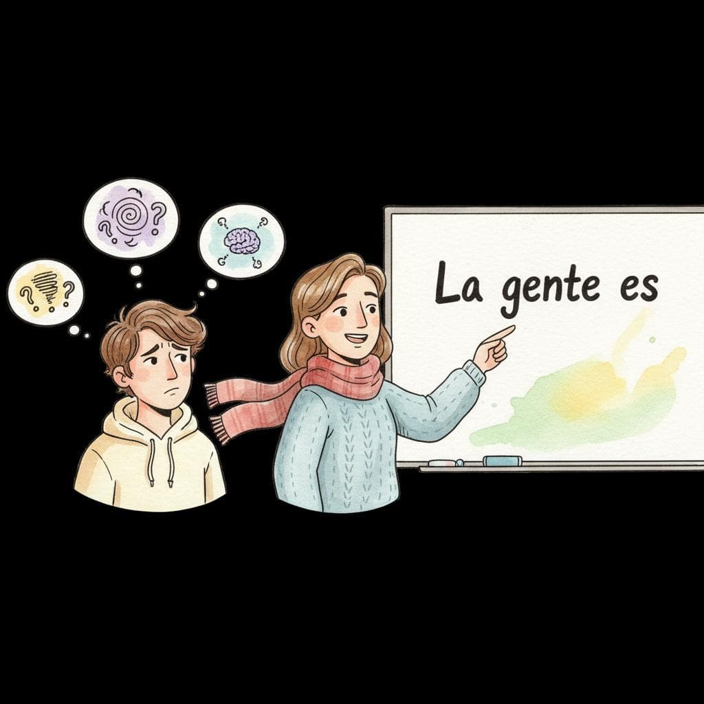 A friendly language exchange partner gently pointing to a whiteboard with "La gente es" written on it, while a puzzled student looks on, surrounded by thought bubbles of confusion.  black background.