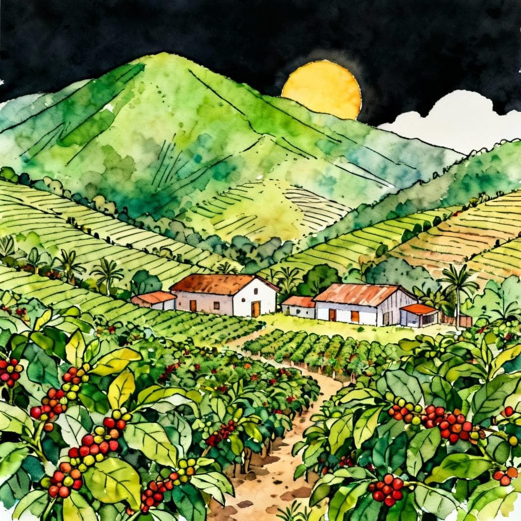 Charming ink and watercolor painting, clean lines, vibrant but soft color palette, storybook style, dark background. A brightly colored Colombian coffee farm nestled in green mountains under a sunny sky. The scene looks idyllic and pleasant.