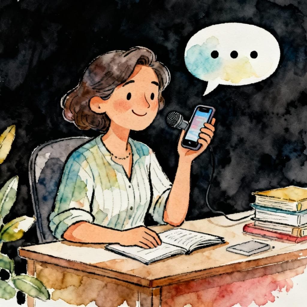 Charming ink and watercolor painting of a single adult Spanish learner at a cozy desk on a dark background, recording a short voice note on a phone, soft smile, subtle speech bubble with three dots, clean lines, vibrant but soft palette, storybook style