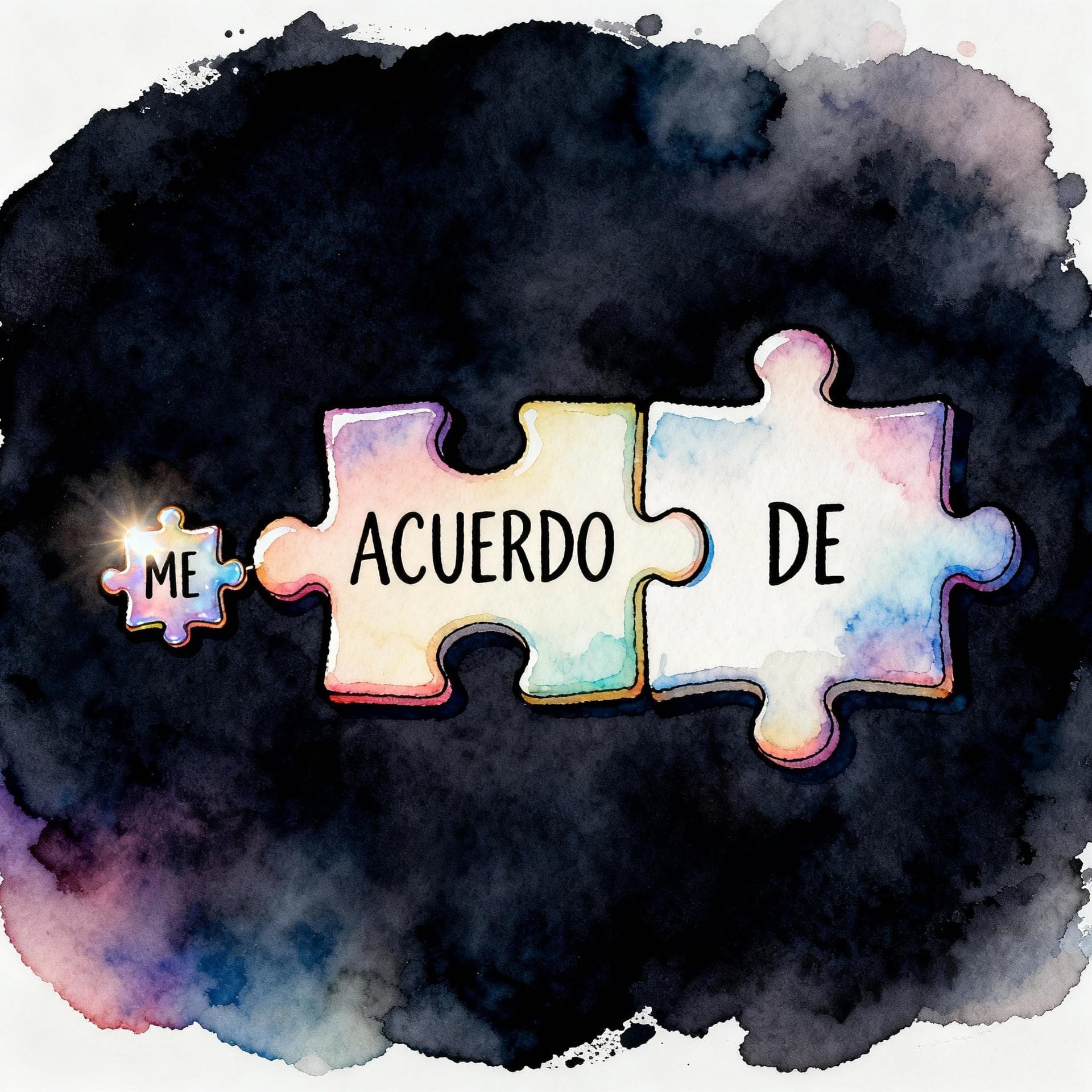 Charming ink and watercolor painting, clean lines, vibrant but soft color palette, storybook style, dark background. A small, stylized, three-piece puzzle. The first piece is a small, shiny 'ME' pronoun. The second piece is the verb 'ACUERDO'. The third piece is the preposition 'DE'. All three pieces are locked together perfectly.