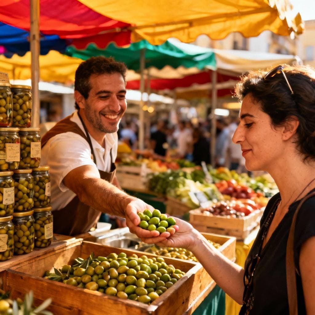 A bustling, colorful market scene in Madrid. A vendor behind a stall is handing an extra handful of green olives to a customer who is smiling cheekily. A Spanish person nearby is shaking their head and smiling slightly.