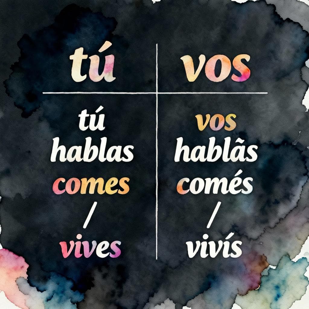 Minimal conjugation card on a dark background, ink and watercolor, clean lines. Two neat columns titled “tú” and “vos” showing only: tú hablas / comes / vives vs vos hablás / comés / vivís. Soft, vibrant washes, legible hand-lettering, no extra elements.