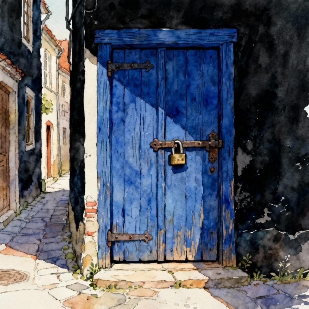 Charming ink and watercolor painting, clean lines, vibrant but soft color palette, storybook style, dark background. A quaint, rustic wooden door in a European alleyway, painted a deep blue, with a heavy iron lock, clearly in a closed state.