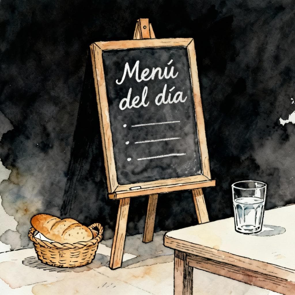 Charming ink and watercolor painting, clean lines, storybook style, dark background. Simple chalkboard on an easel with hand-lettered text 'Menú del día' and three short lines below to suggest items; small bread basket and glass of water on a nearby table; no people; minimal scene.