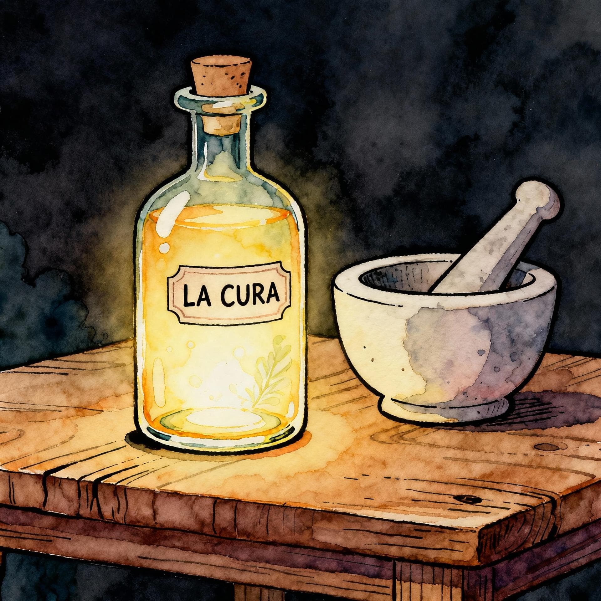 A charming ink and watercolor painting, clean lines, vibrant but soft color palette, storybook style, dark background. A glowing, stylized glass bottle labeled 'LA CURA' sits on a wooden table next to a mortar and pestle.