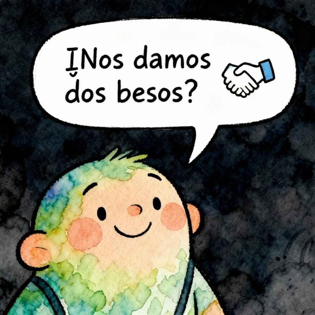 Charming ink and watercolor painting, clean lines, vibrant but soft color palette, storybook style, dark background. Friendly character with a speech bubble that reads “¿Nos damos dos besos?” and a small handshake icon beside the bubble; minimal scene, no extra elements.