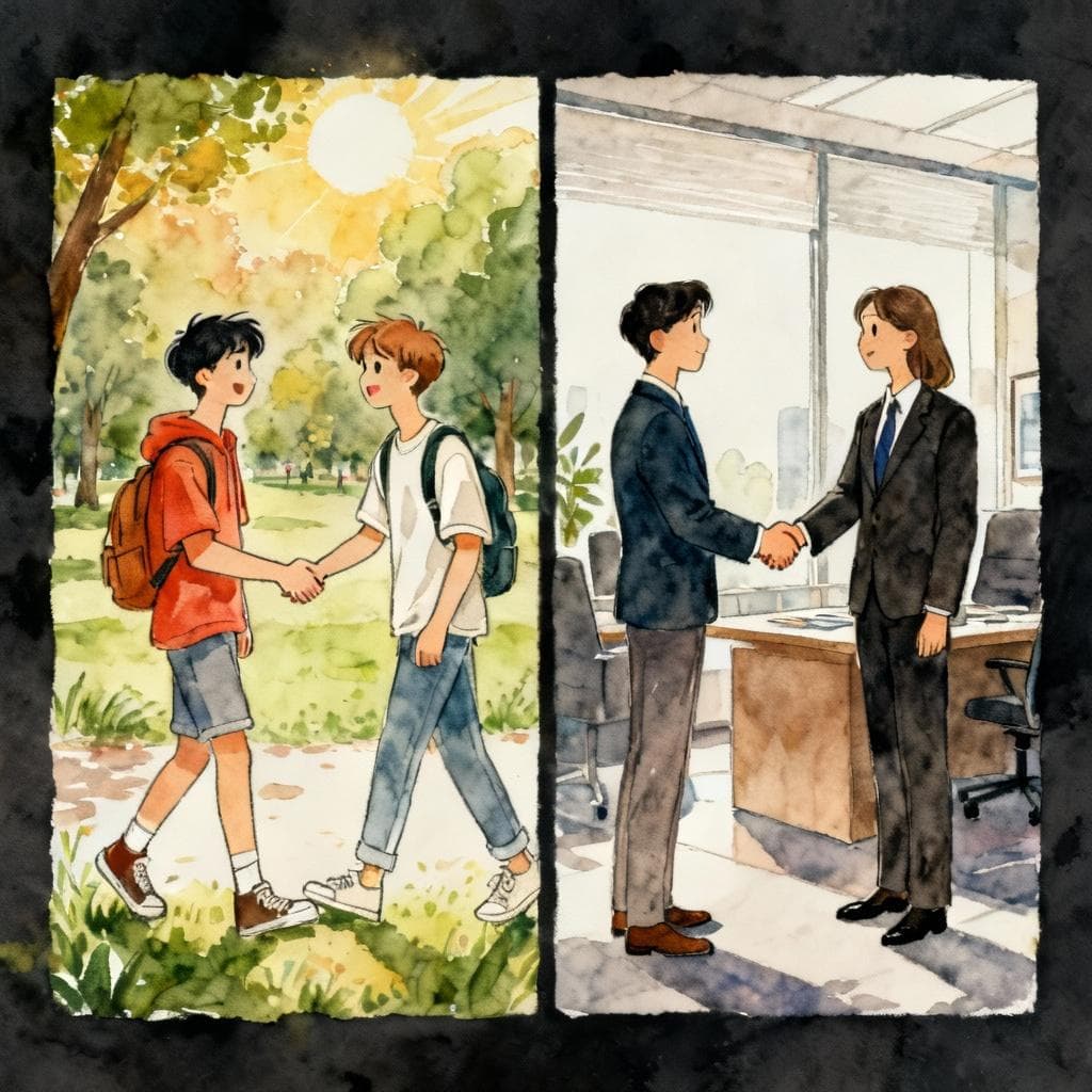 A split-panel illustration. On the left, two young friends in casual clothes greet each other warmly in a sunny park. On the right, two people in professional business attire shake hands formally in a modern office. Charming ink and watercolor painting, clean lines, vibrant but soft color palette, storybook style, dark background.