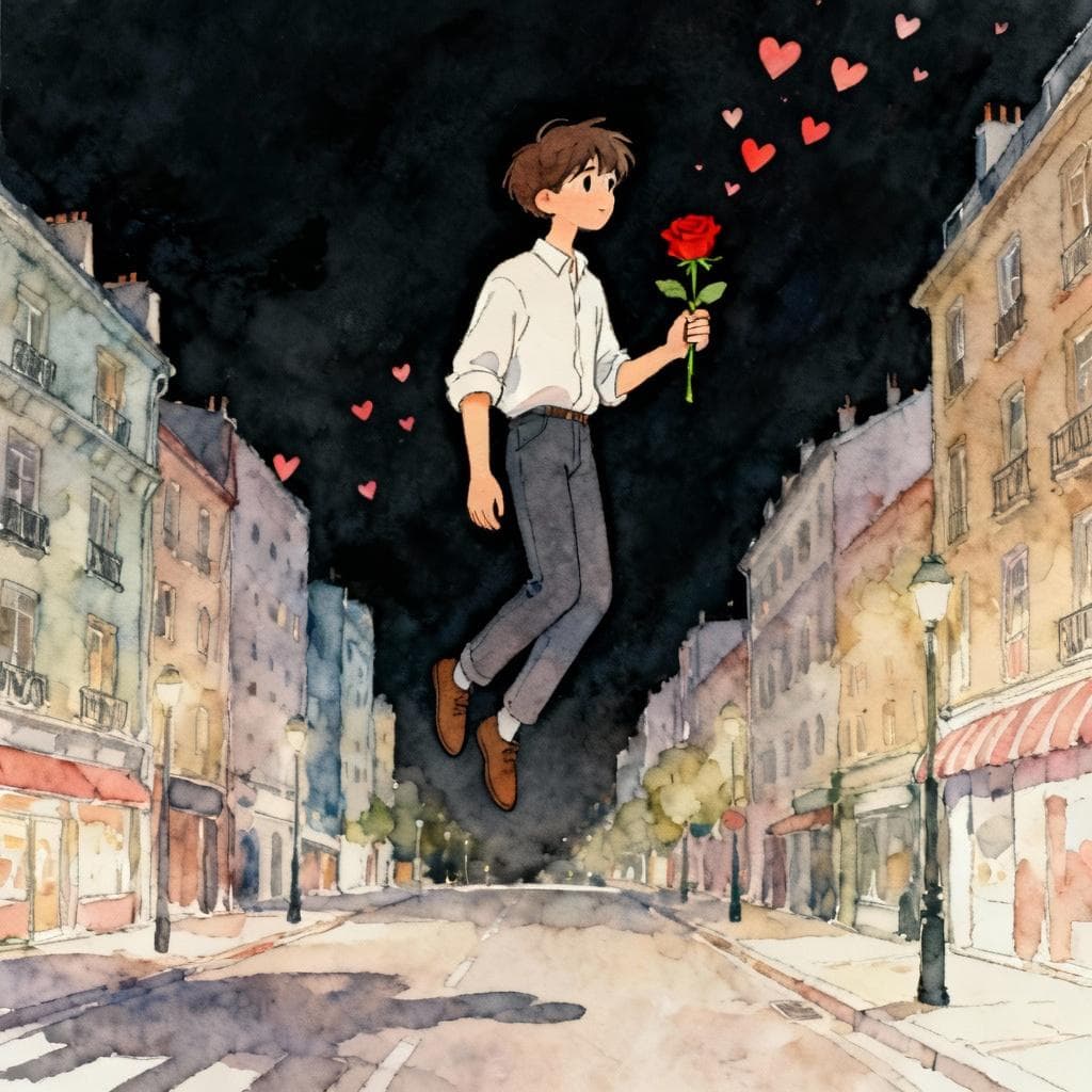 Charming ink and watercolor painting, clean lines, vibrant but soft color palette, storybook style, dark background. A young man floating gently above a city street, holding a single red rose, with small hearts surrounding him, illustrating being distracted by love.