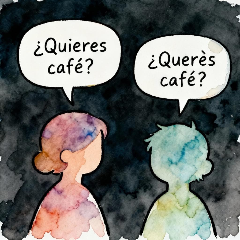 Two simple character silhouettes on a dark background, ink and watercolor, clean lines. Each has a speech bubble: left “¿Quieres café?” and right “¿Querés café?”. Soft, vibrant but gentle colors, minimal scene, storybook feel.