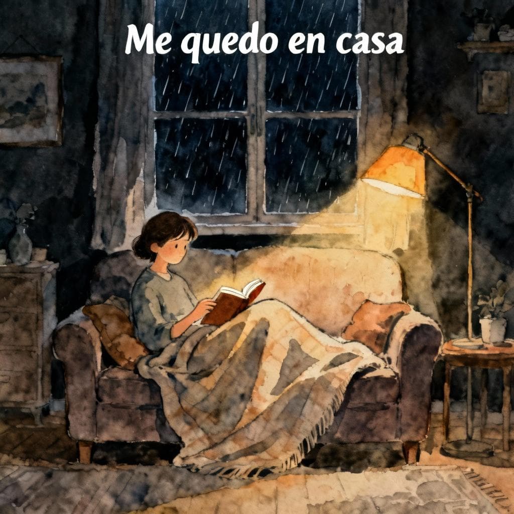 A charming ink and watercolor painting of a cozy living room at night. A person is sitting comfortably on a sofa under a blanket, reading a book. The window shows a dark, rainy night outside. The feeling is warm and domestic, illustrating the concept of 'Me quedo en casa'. Storybook style, dark background.