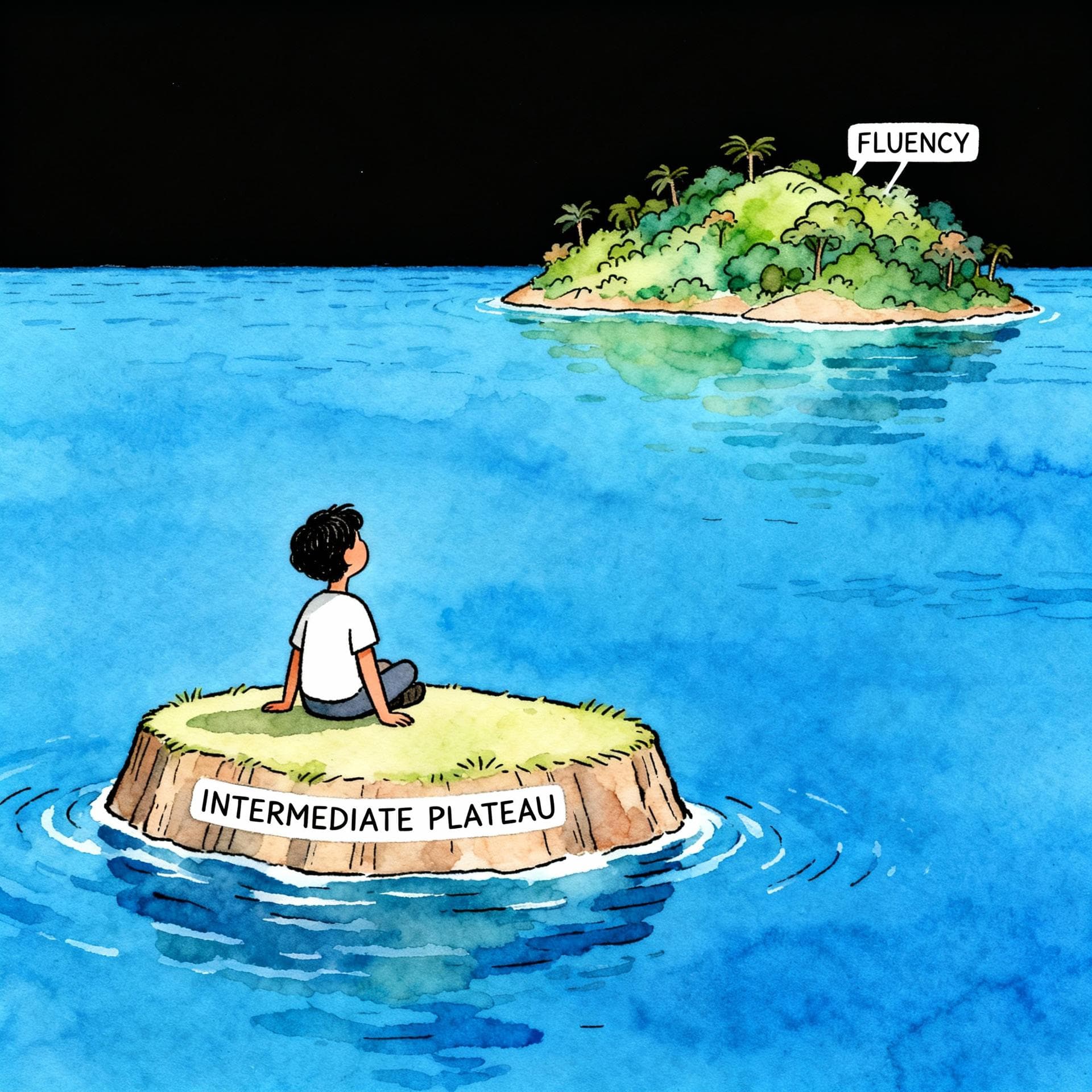 A person sitting on a small, isolated, flat-topped island labeled 'INTERMEDIATE PLATEAU' in the middle of a vast blue ocean. The person is looking longingly toward a distant, lush island labeled 'FLUENCY'. Charming ink and watercolor painting, clean lines, vibrant but soft color palette, storybook style, dark background.