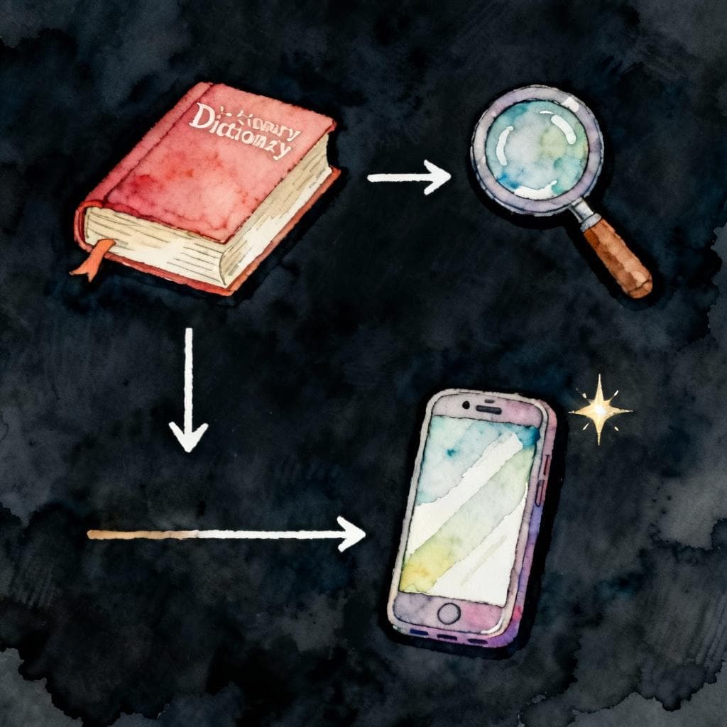 A simple three-step flow: a dictionary book icon, an arrow to a magnifying glass over a short line, then an arrow to a smartphone with a small sparkle. Charming ink and watercolor painting, clean lines, vibrant but soft color palette, storybook style, dark background.