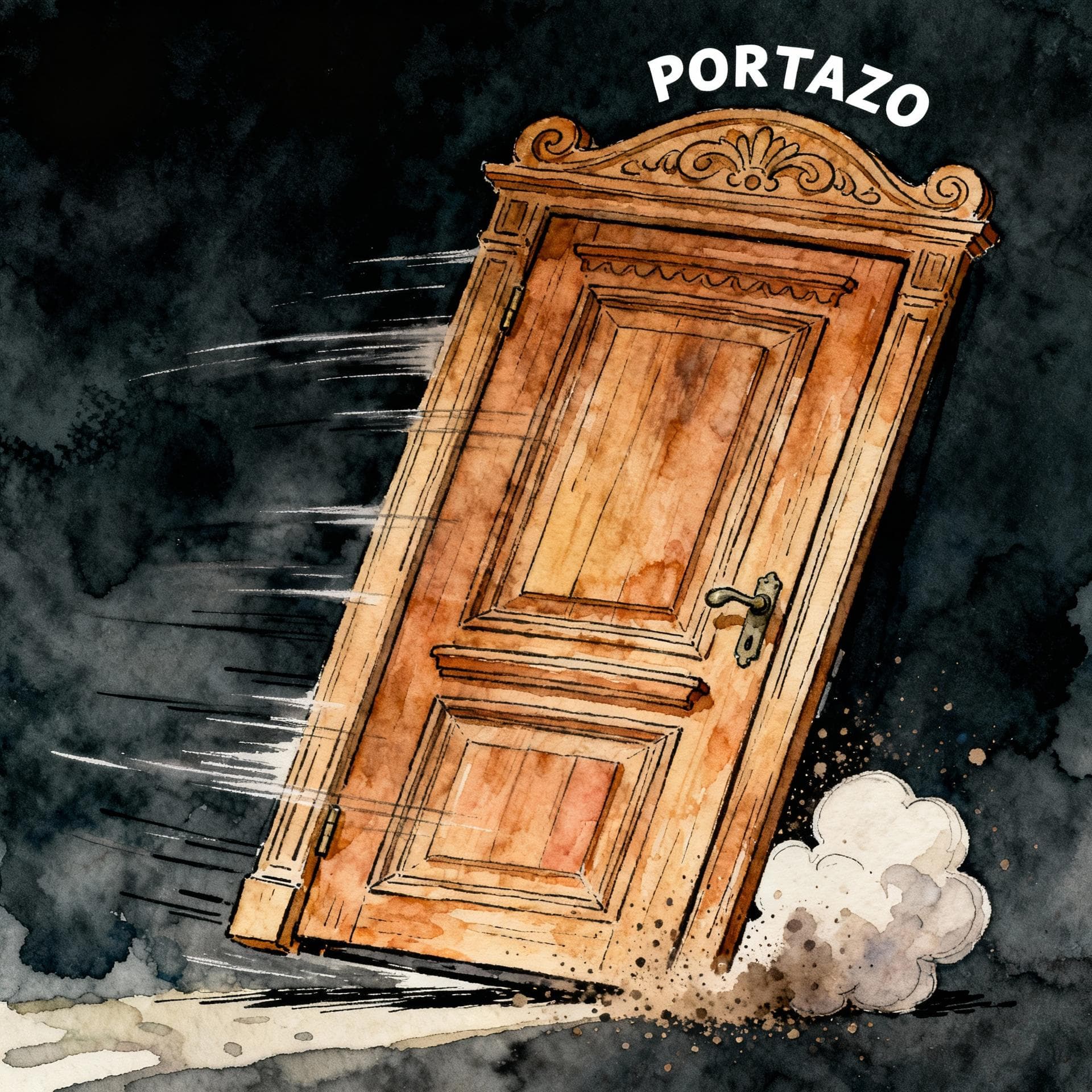 Charming ink and watercolor painting, clean lines, vibrant but soft color palette, storybook style, dark background. A large, ornate wooden door is slamming shut violently, causing a small cloud of dust. The word 'PORTAZO' is written above the door.