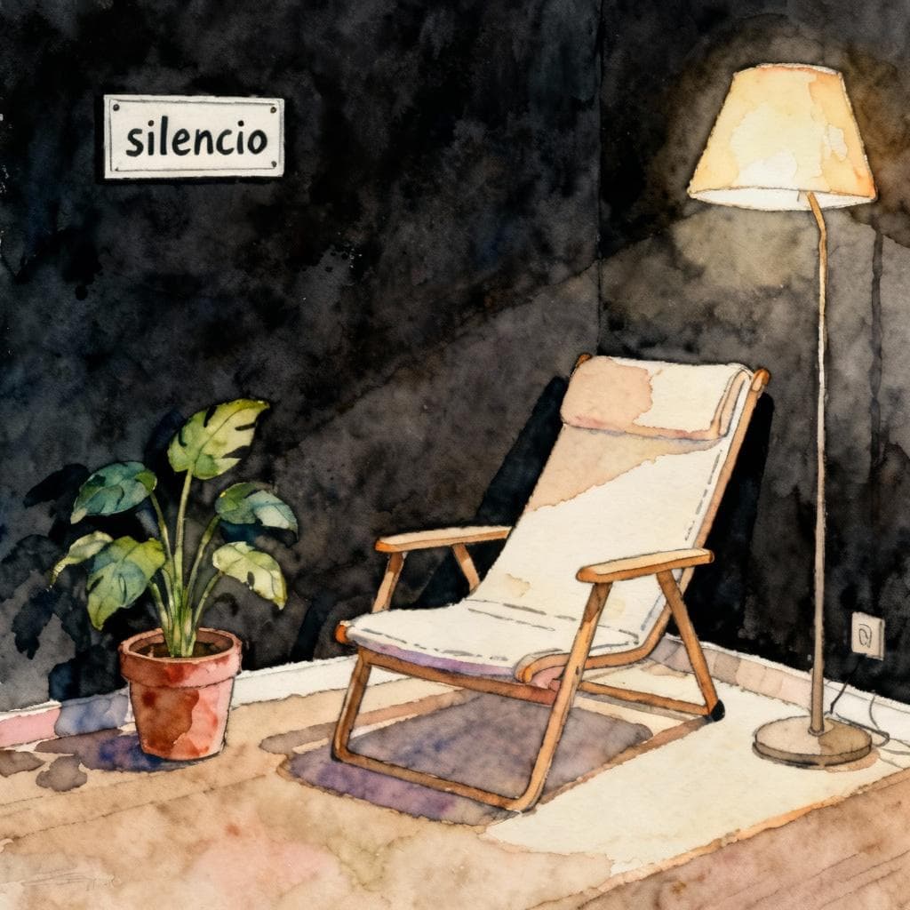 Cozy quiet room with a single lounge chair, a small potted plant, and a soft lamp, a simple “silencio” sign on the wall; clean, uncluttered scene; charming ink and watercolor, clean lines, vibrant but soft colors, storybook style, dark background