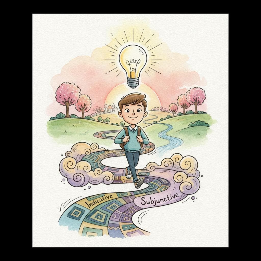 Charming ink and watercolor painting, clean lines, vibrant but soft color palette, storybook style. A joyful and confident cartoon student, now with a clear understanding, is confidently walking along a path that has both "Indicative" and "Subjunctive" elements harmoniously integrated. A bright lightbulb glows above their head, symbolizing a breakthrough. The background is a serene landscape, suggesting a journey completed. black background.
