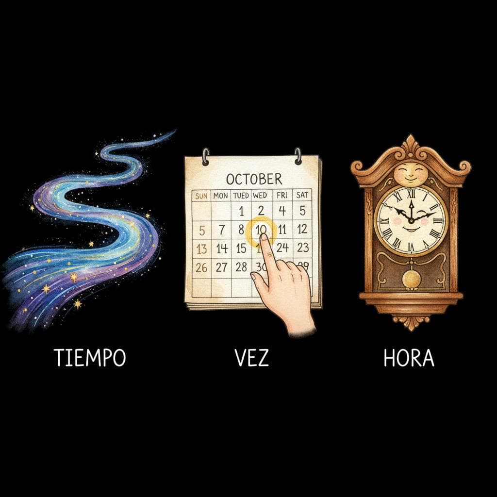A triptych showing three concepts of time. Left panel: an abstract, flowing river of stars representing 'tiempo'. Middle panel: a hand pointing to a single highlighted day on a calendar page, representing 'vez'. Right panel: a classic, friendly-looking wall clock showing a specific time, representing 'hora'. Charming ink and watercolor painting, clean lines, vibrant but soft color palette, storybook style. black background.