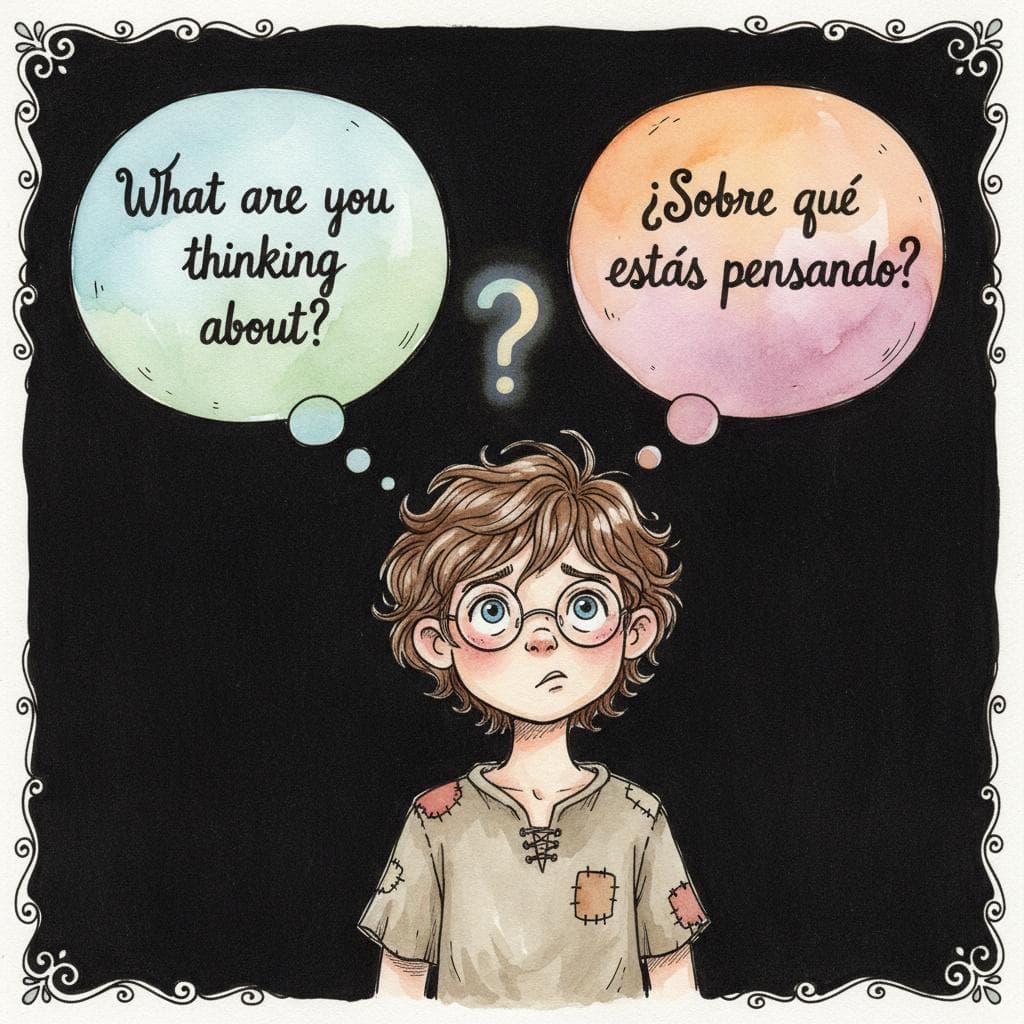 A confused student looking at two thought bubbles, one with an English sentence ending in a preposition (e.g., 'What are you thinking about?') and the other with a Spanish sentence showing the preposition at the beginning (e.g., '¿Sobre qué estás pensando?'). A subtle question mark floats between the two, representing the grammar dilemma. black background.