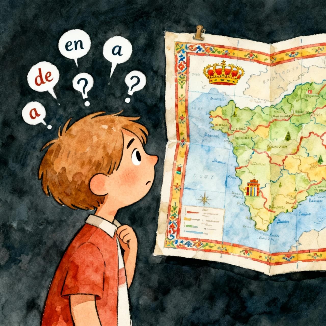 A confused but friendly cartoon character looking at a Spanish-style map. The words "en," "de," and "a" are floating around their head with question marks. Charming ink and watercolor painting, clean lines, vibrant but soft color palette, storybook style, dark background.