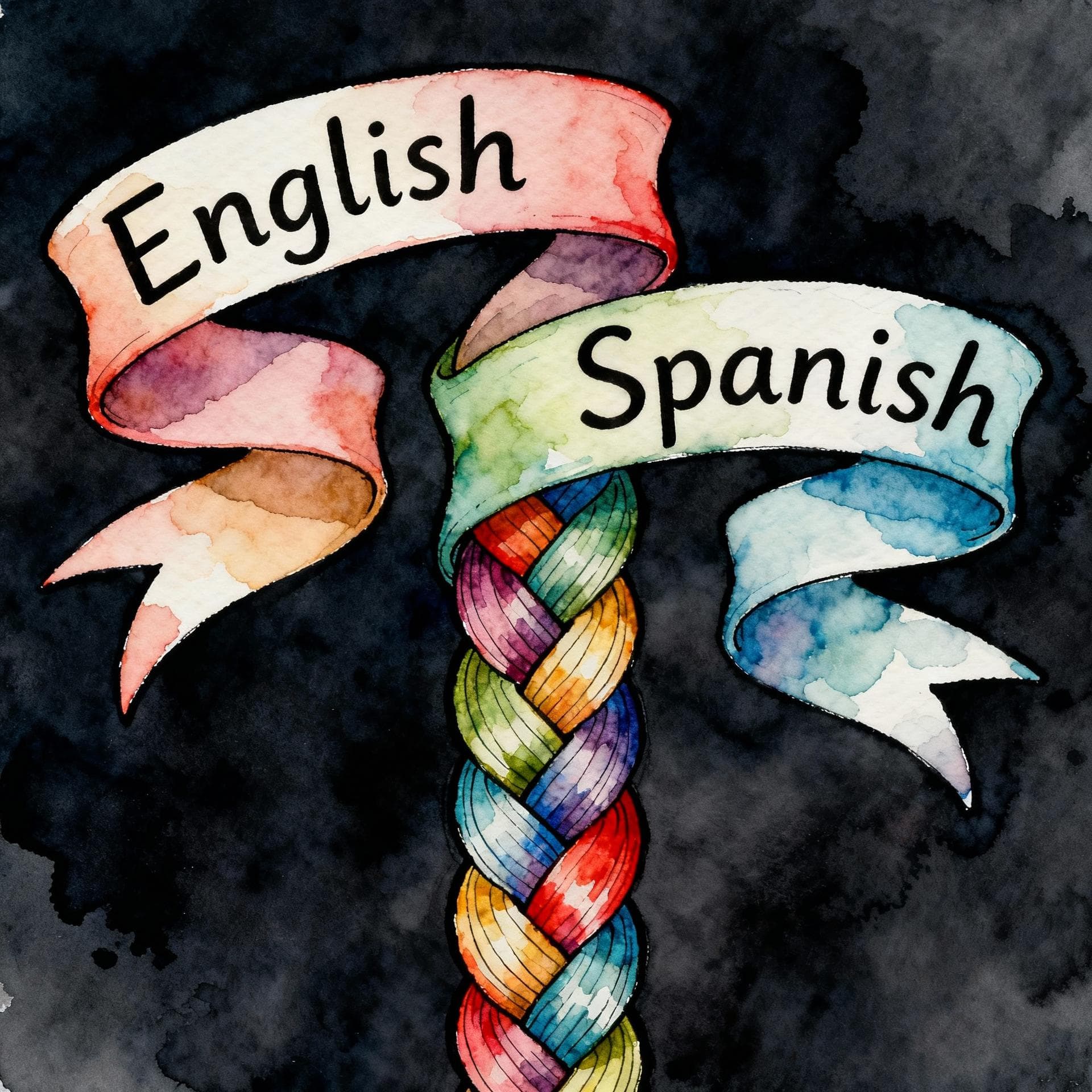 A stylized illustration of two colorful, intertwined ribbons, one labeled 'English' and the other labeled 'Spanish', merging into a single, vibrant, braided rope. Charming ink and watercolor painting, clean lines, vibrant but soft color palette, storybook style, dark background.