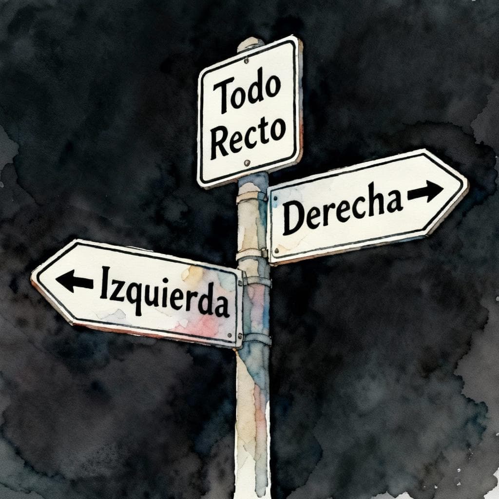 A simple and clear illustration of three stylized street signs on a single post. One sign points left with the word 'Izquierda', one points right with 'Derecha', and one points straight up with 'Todo Recto'. Ink and watercolor style, clean lines, dark background.