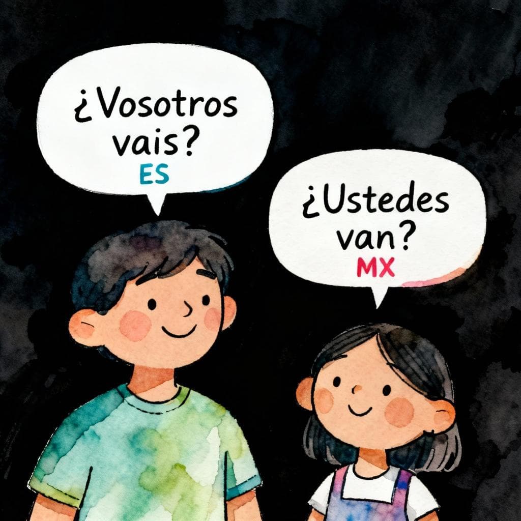 Charming ink and watercolor painting, clean lines, vibrant but soft color palette, storybook style, dark background. Two friendly figures with simple speech bubbles: one bubble reads '¿Vosotros vais?' labeled ES, the other reads '¿Ustedes van?' labeled MX. Minimal background, clear contrast.
