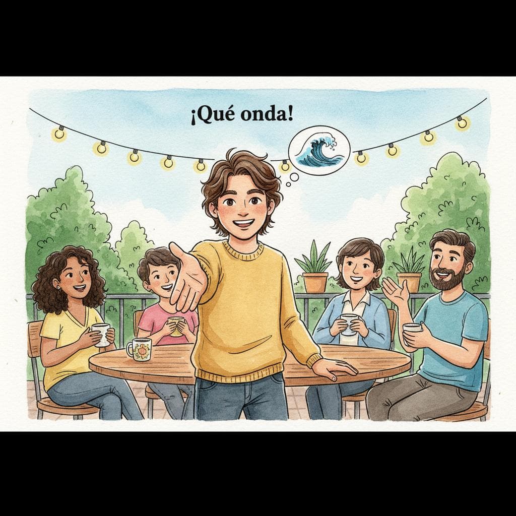 A friendly person, perhaps a language learner, confidently saying "¡Qué onda!" with a thought bubble above them showing a small, stylized ocean wave. They are in a casual, inviting setting, maybe a café or park, interacting with others who are smiling. The overall mood is encouraging and successful.  black background.