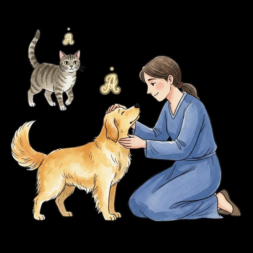 Charming ink and watercolor painting, clean lines, vibrant but soft color palette, storybook style: A heartwarming scene of a person with a kind expression lovingly petting a golden retriever dog. A small, ethereal, glowing letter 'a' symbol floats gently above the dog's head, indicating personal connection. In the background, slightly out of focus, a generic, unowned gray cat is seen casually walking past without the 'a' symbol, representing a generic animal. black background.