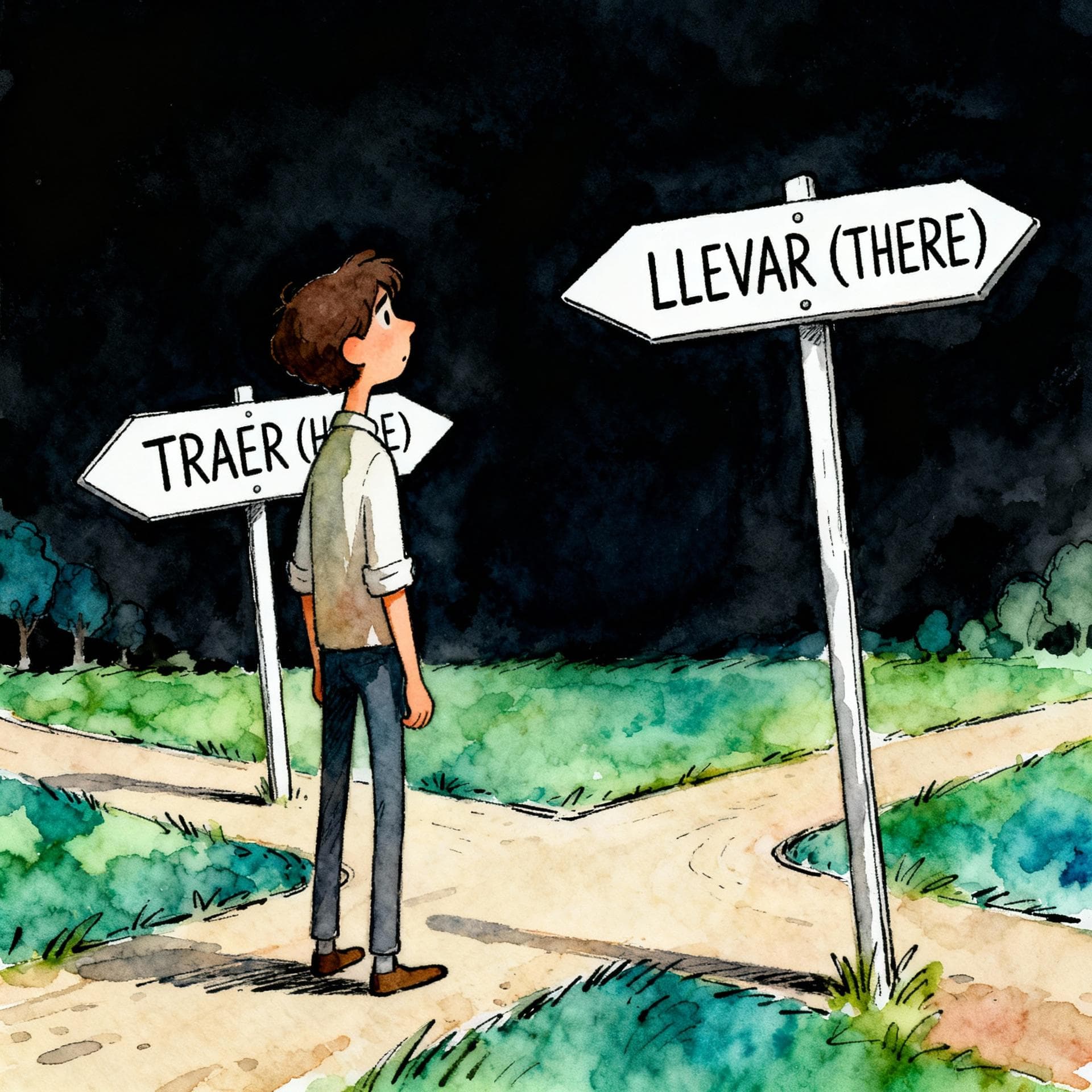 Charming ink and watercolor painting, clean lines, vibrant but soft color palette, storybook style, dark background. A confused person standing at a crossroads, looking at two signs. One sign points towards them and reads 'TRAER (HERE)'. The other sign points away from them and reads 'LLEVAR (THERE)'.