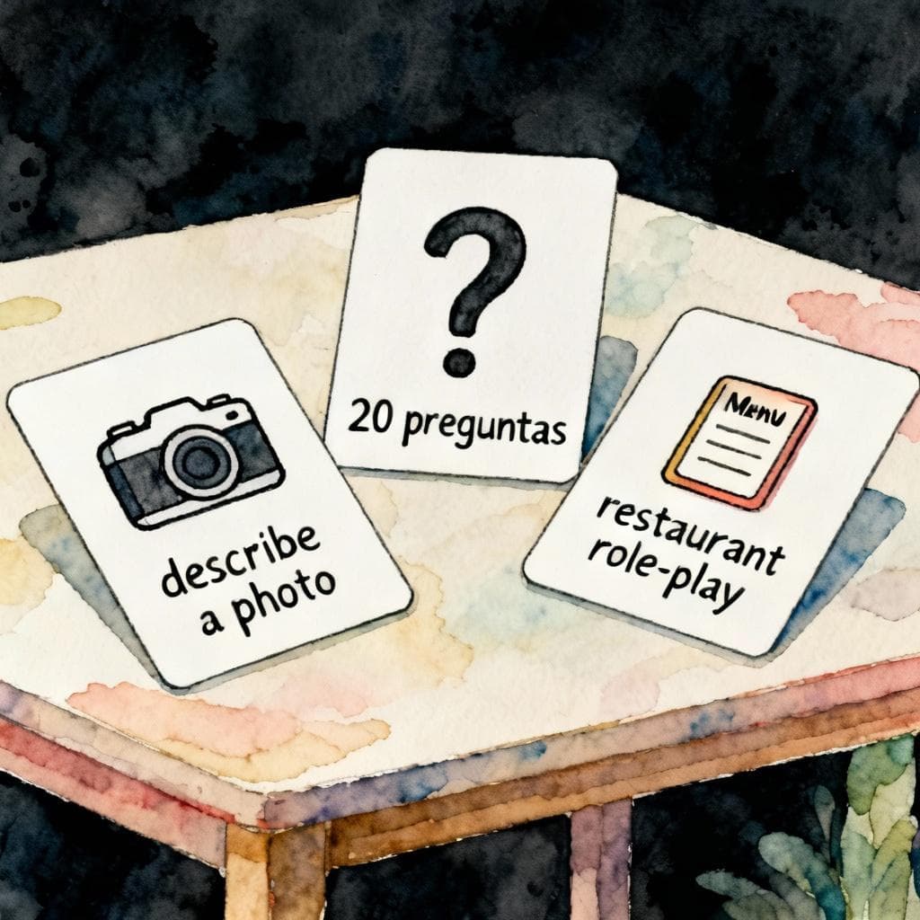 Charming ink and watercolor painting, clean lines, vibrant but soft color palette, storybook style, dark background. Three simple prompt cards on a table: one with a camera icon (describe a photo), one with a question mark (20 preguntas), one with a menu icon (restaurant role-play). Minimal composition.