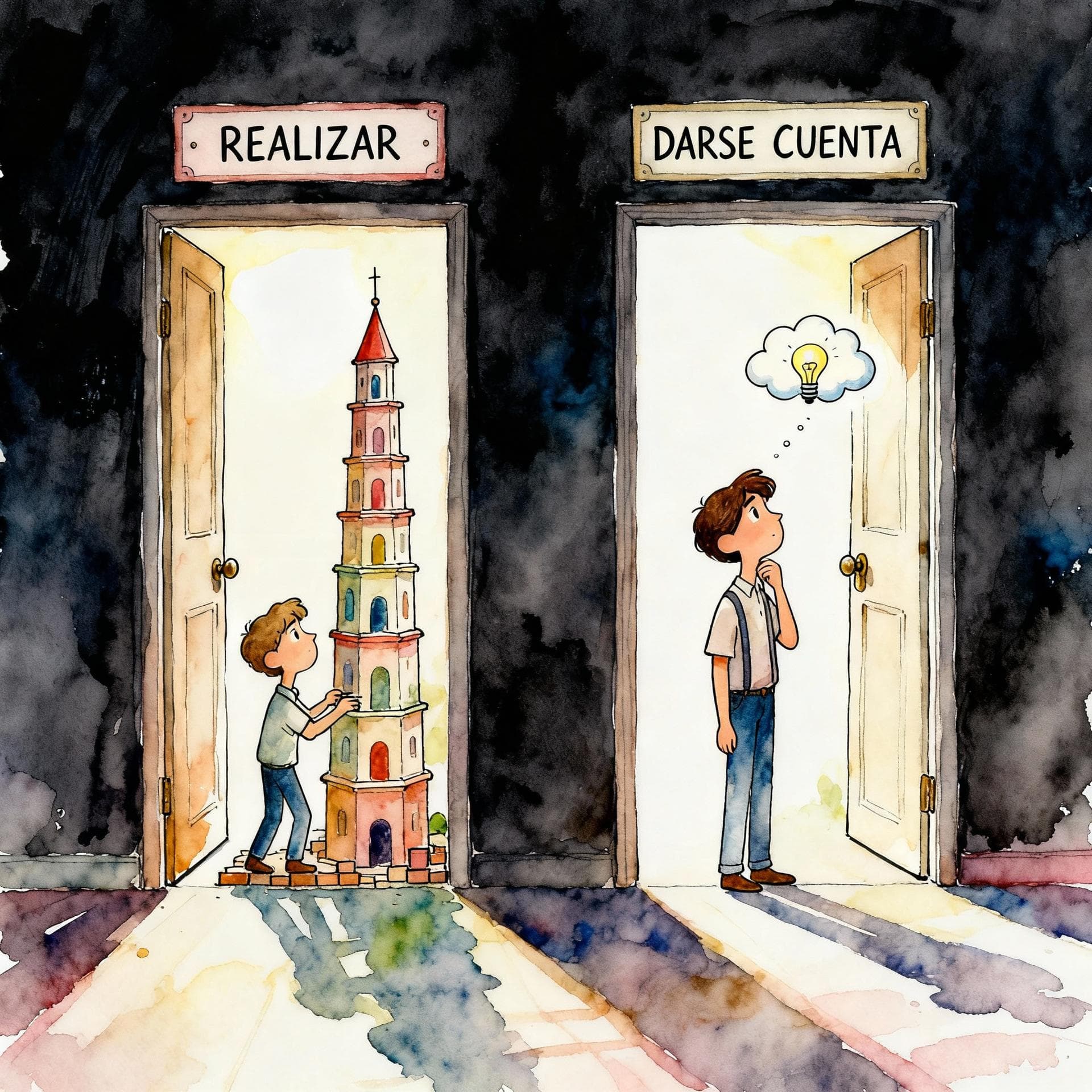 Charming ink and watercolor painting, clean lines, vibrant but soft color palette, storybook style, dark background. Two distinct, labeled doors side-by-side. The left door is labeled 'REALIZAR' and shows a person building a tall tower. The right door is labeled 'DARSE CUENTA' and shows a person looking thoughtfully at a small, floating cloud of ideas.