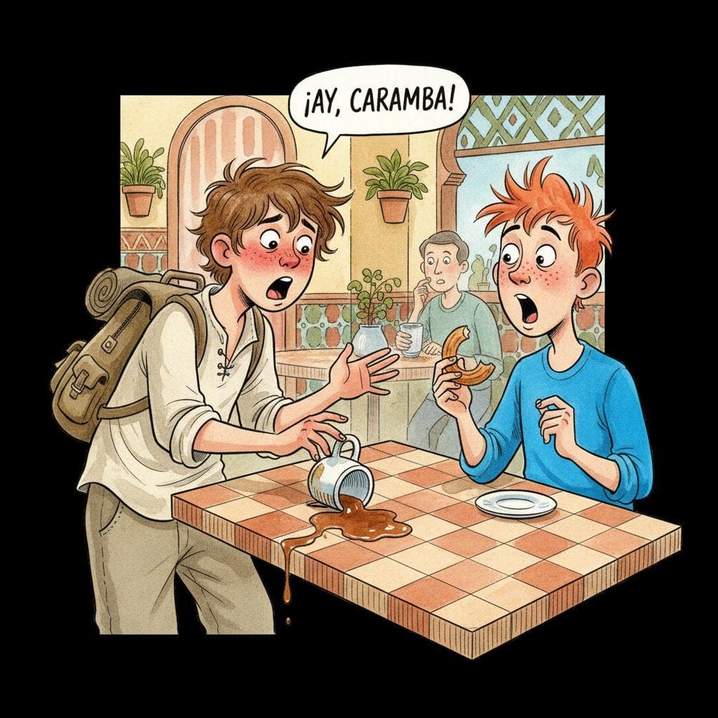 A young traveler in a Spanish cafe spills a little coffee and looks flustered, their friend looks on with a comically shocked and confused expression. Charming ink and watercolor painting, clean lines, vibrant but soft color palette, storybook style. black background.