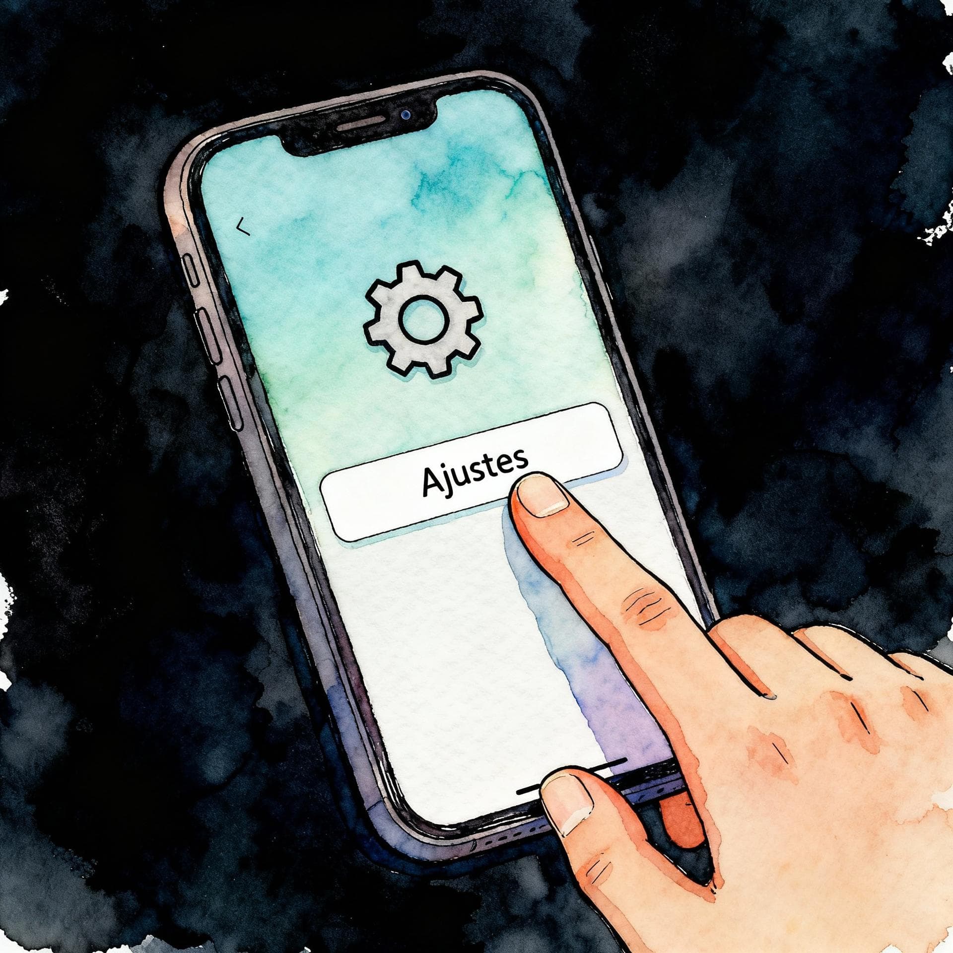 A close-up view of a finger tapping a smartphone screen. The screen shows a simplified settings menu with a gear icon clearly labeled 'Ajustes'. The background is dark and soft. Charming ink and watercolor painting, clean lines, vibrant but soft color palette, storybook style, dark background.