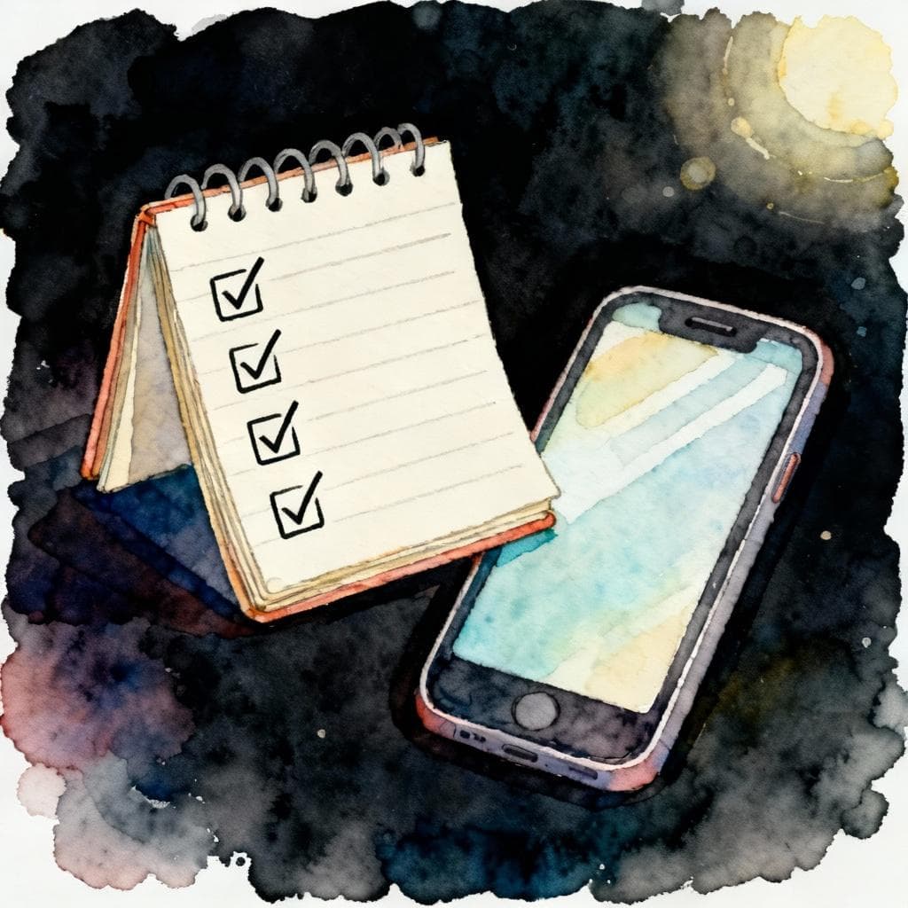A small open notepad with three simple checkmarks beside a smartphone, symbolizing a checklist for translation app tips; no legible text; dark background; charming ink and watercolor painting, clean lines, vibrant but soft color palette, storybook style; minimal composition.