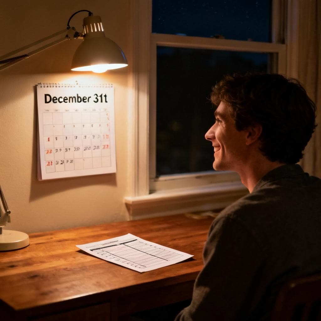A person sitting at a desk, looking at a calendar marked 'December 31st' with a satisfied expression. A small, completed report sits on the desk. The scene is set at night.