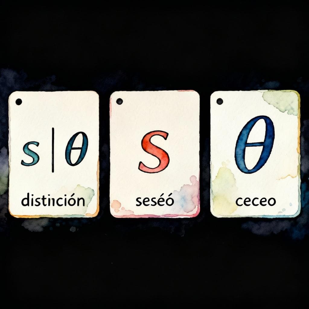 Three simple side-by-side cards on a dark background: left card shows “s | θ” (two symbols) to represent distinción; middle card shows a single large “s” for seseo; right card shows a single large “θ” for ceceo; minimal decoration, no extra text; charming ink and watercolor painting, clean lines, vibrant but soft color palette, storybook style, dark background