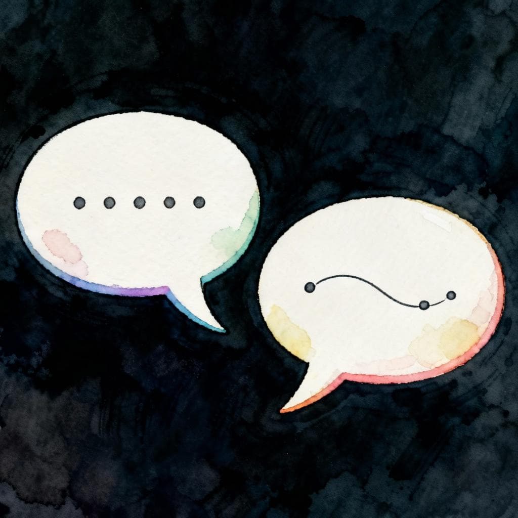 Charming ink and watercolor painting, clean lines, vibrant but soft color palette, storybook style, dark background. Two simple speech bubbles side by side: the left shows evenly spaced small dots; the right shows dots gently connected by a curved line, suggesting smooth linking and faster flow. No text inside.