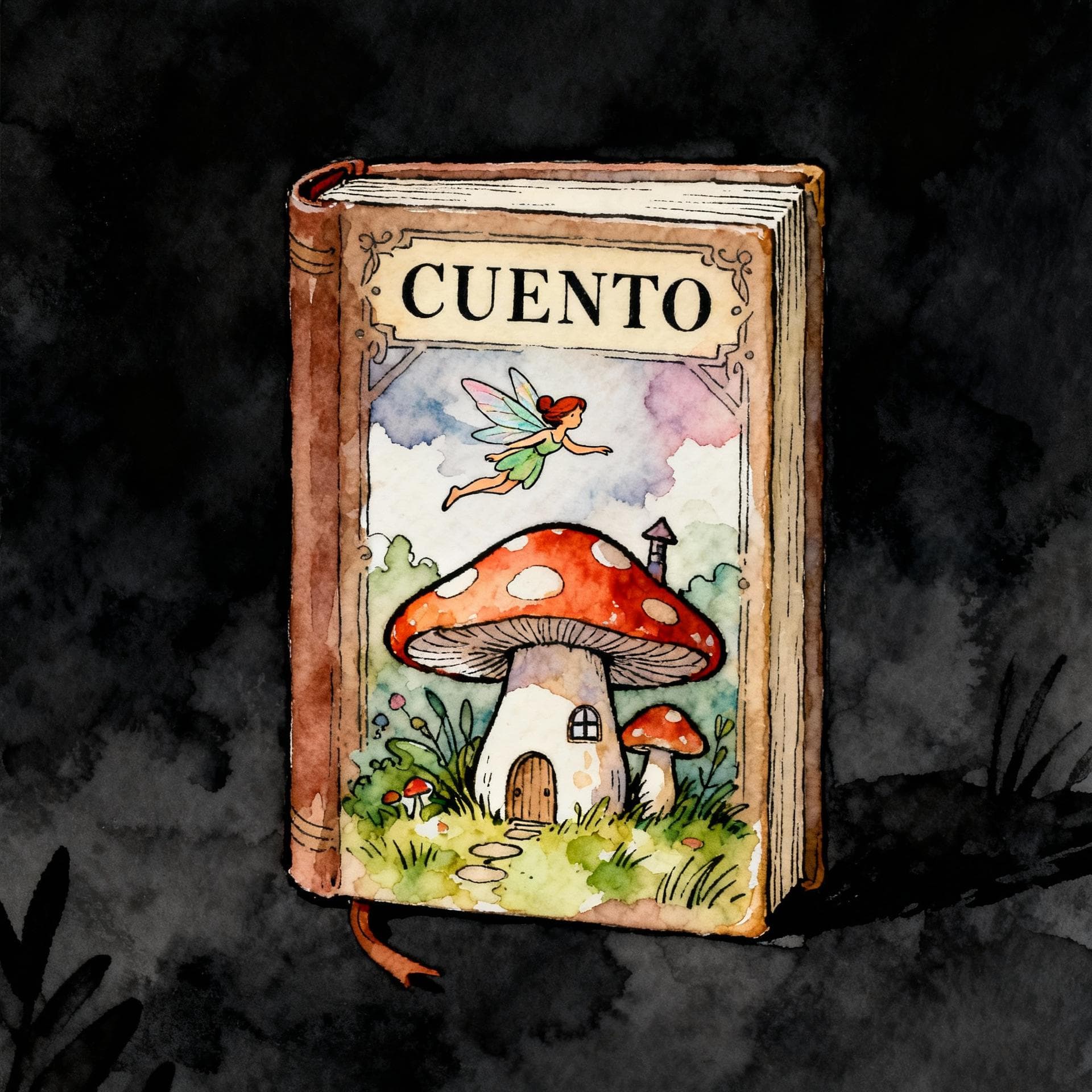 Charming ink and watercolor painting, clean lines, vibrant but soft color palette, storybook style, dark background. A small, fantastical book labeled 'CUENTO' on the cover, showing a whimsical illustration of a fairy flying over a mushroom house.